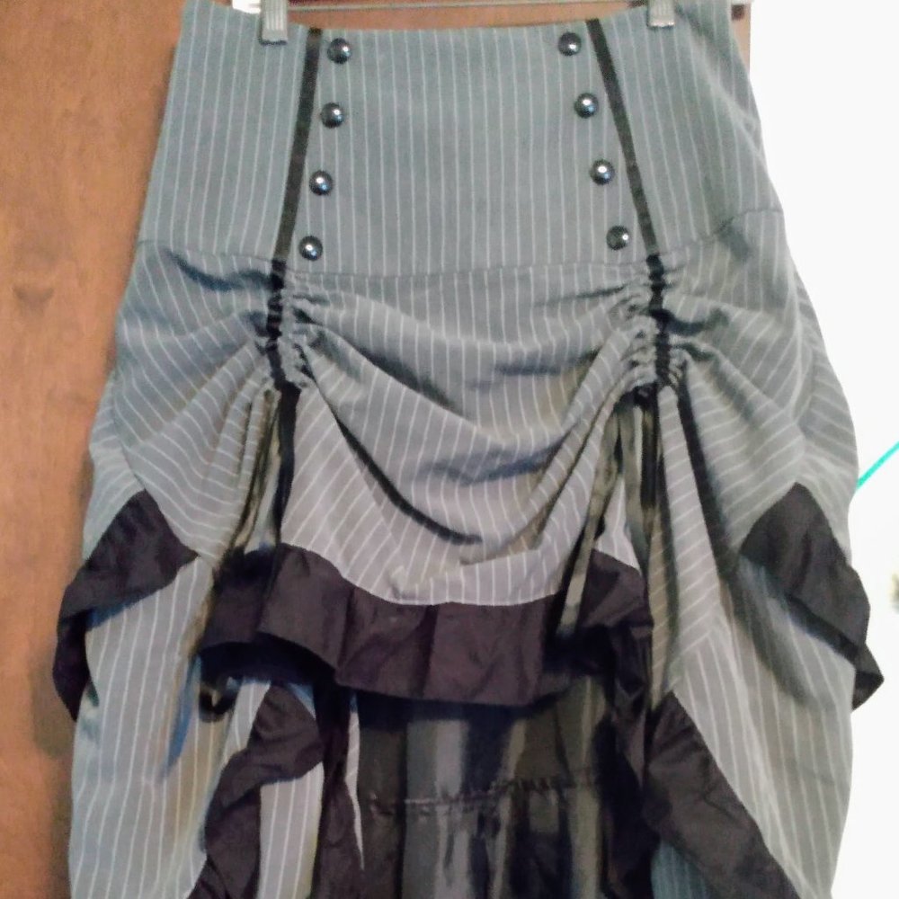 Black trim grey and white pinstripe skirt. Three tiered skirt.